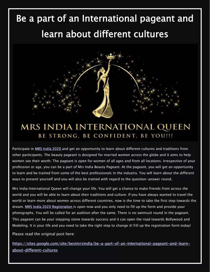 be a part of an international pageant and learn about different cultures