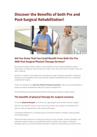 Discover the Benefits of both Pre and Post-Surgical Rehabilitation!
