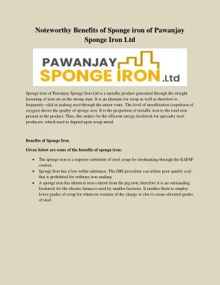 Noteworthy Benefits of Sponge iron of Pawanjay Sponge Iron Ltd