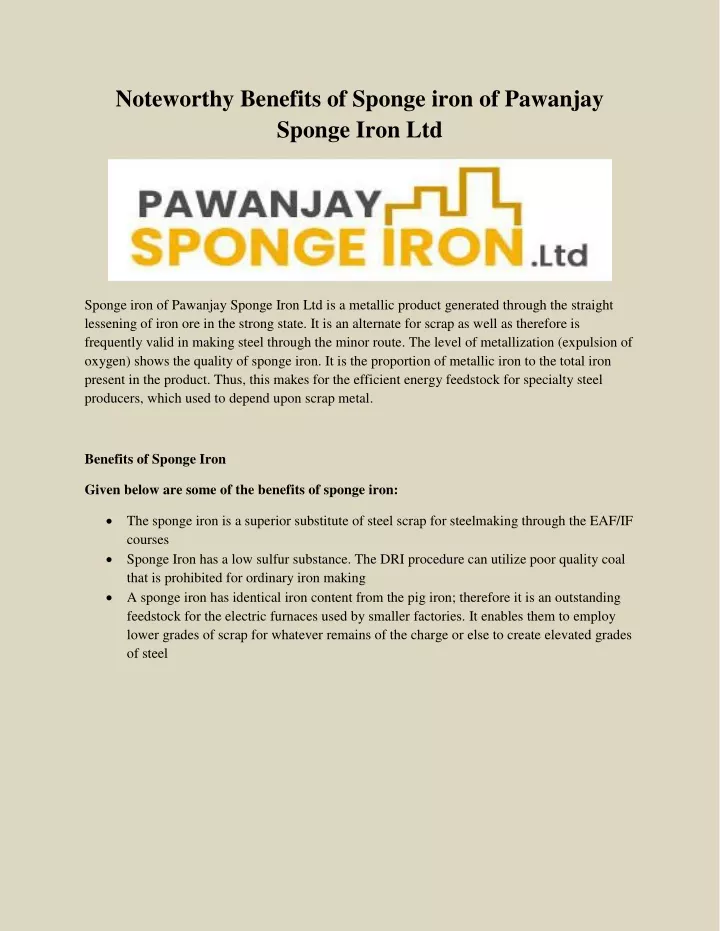 noteworthy benefits of sponge iron of pawanjay