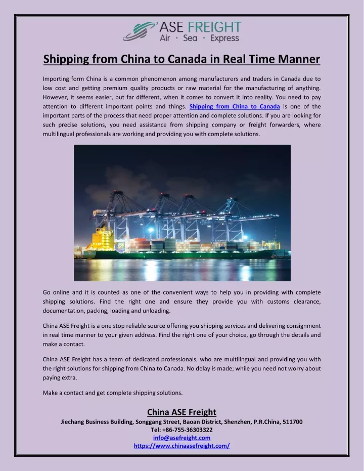 shipping from china to canada in real time manner