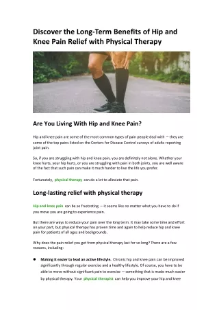 Discover the Long-Term Benefits of Hip and Knee Pain Relief with Physical Therapy