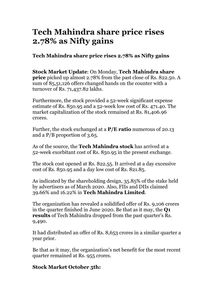 tech mahindra share price rises 2 78 as nifty