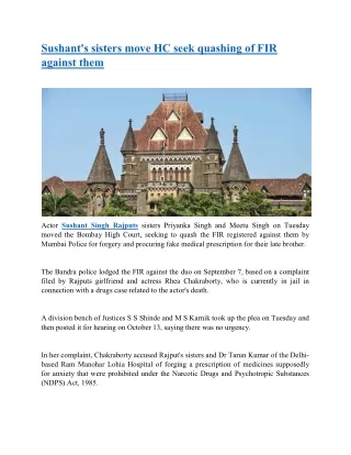 sushant s sisters move hc seek quashing