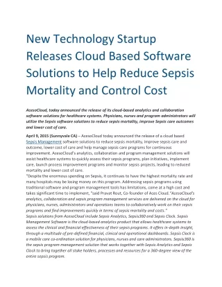 New Technology Startup Releases Cloud Based Software Solutions to Help Reduce Sepsis Mortality and Control Cost