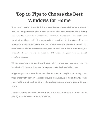 Tips to Choose the Best Windows for Home