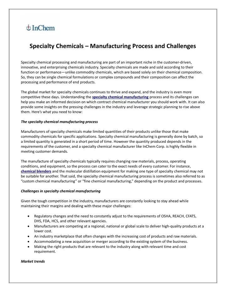 specialty chemicals manufacturing process