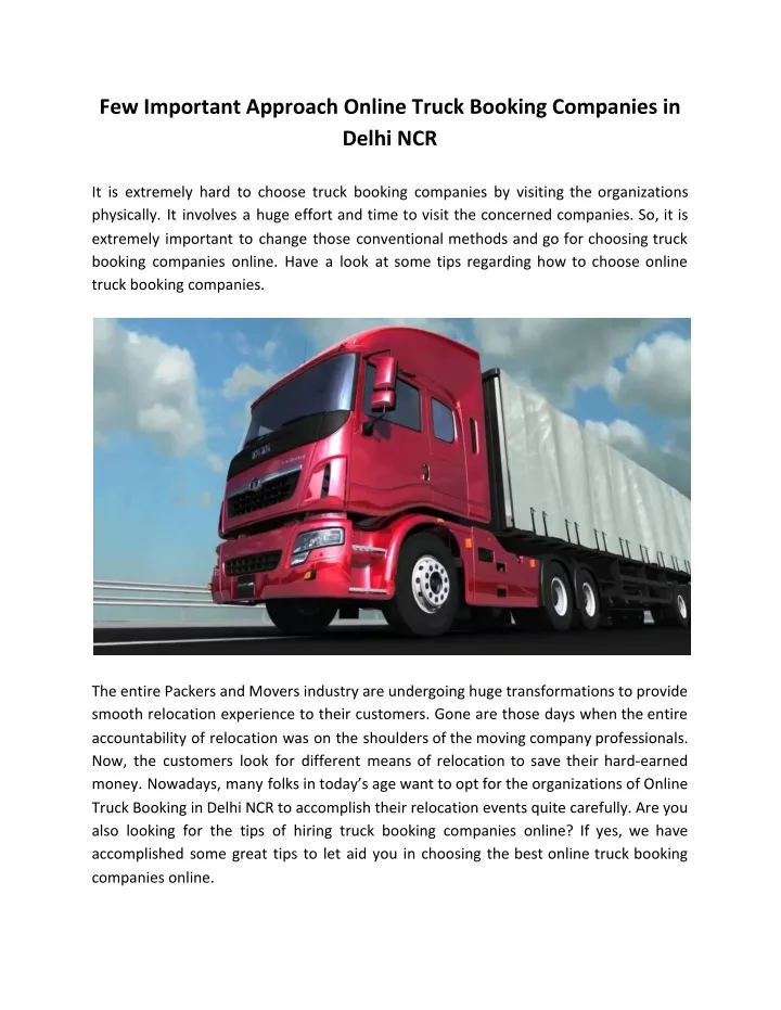 few important approach online truck booking