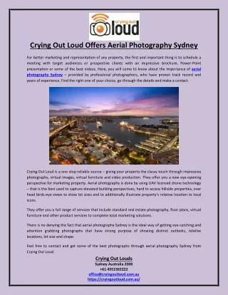 Crying Out Loud Offers Aerial Photography Sydney