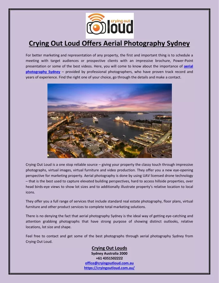 crying out loud offers aerial photography sydney