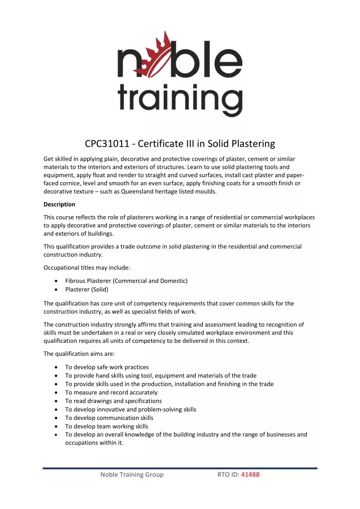 cpc31011 certificate iii in solid plastering