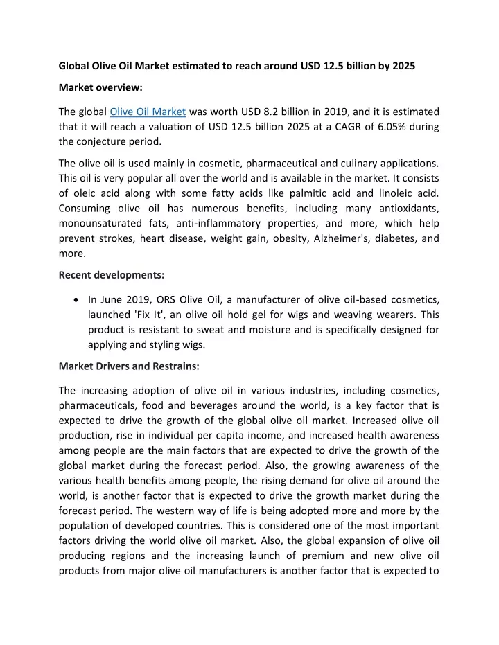 global olive oil market estimated to reach around