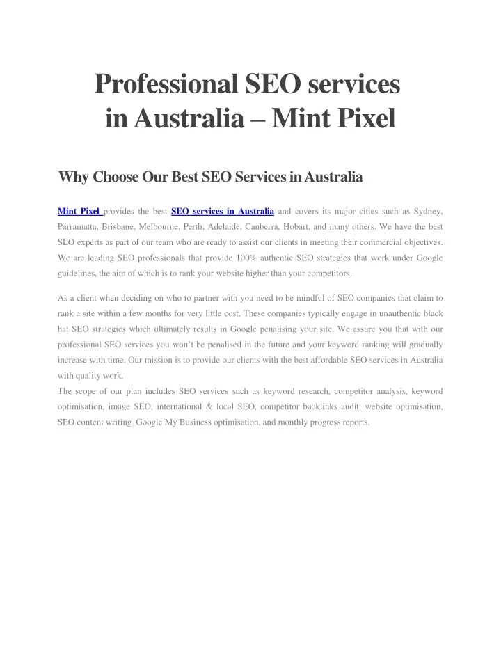 professional seo services in australia mint pixel