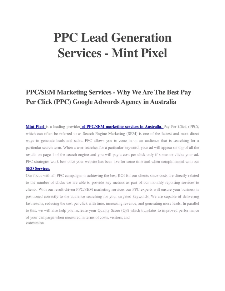 ppc lead generation services mint pixel