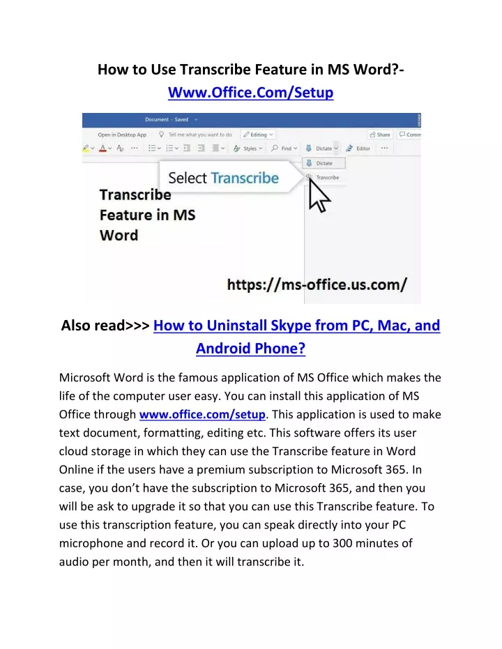 how to use transcribe feature in ms word