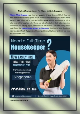 The Best Trusted Agency For Filipino Maids In Singapore