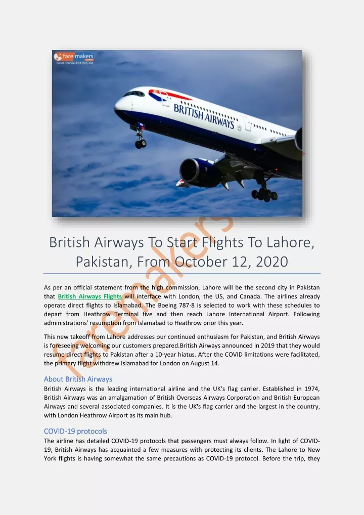 british airways to start flights to lahore