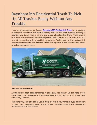 Raynham MA Residential Trash To Pick-Up All Trashes Easily Without Any Trouble