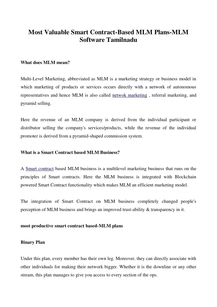 most valuable smart contract based mlm plans