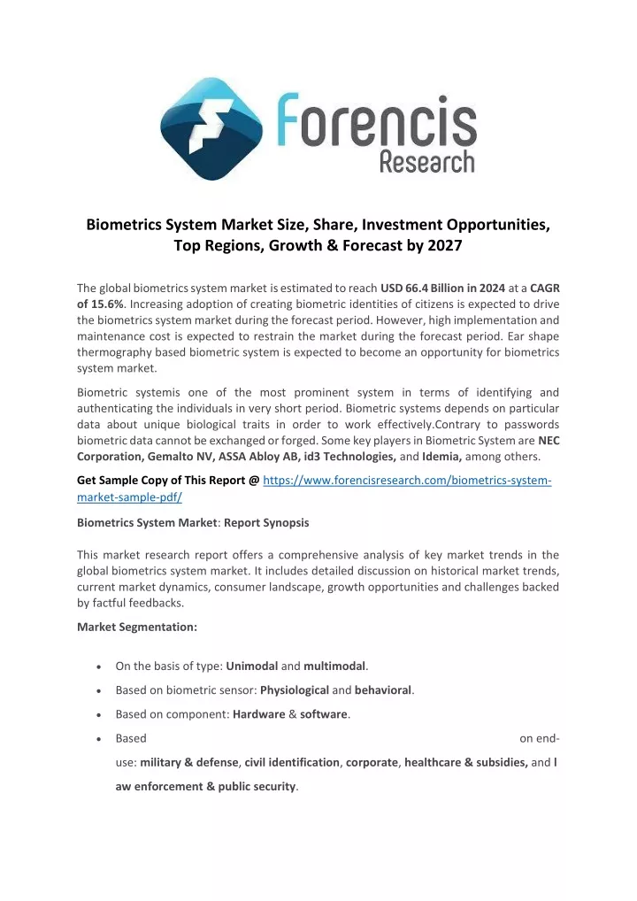 biometrics system market size share investment