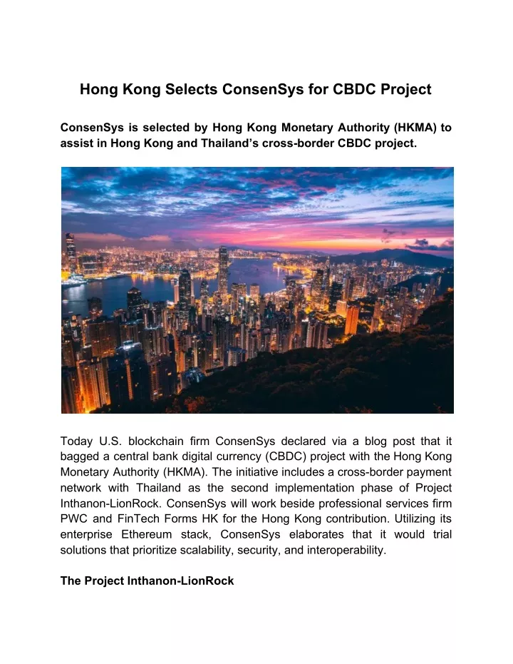 hong kong selects consensys for cbdc project