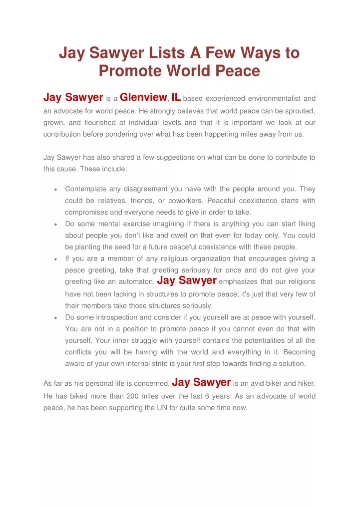 jay sawyer lists a few ways to promote world peace