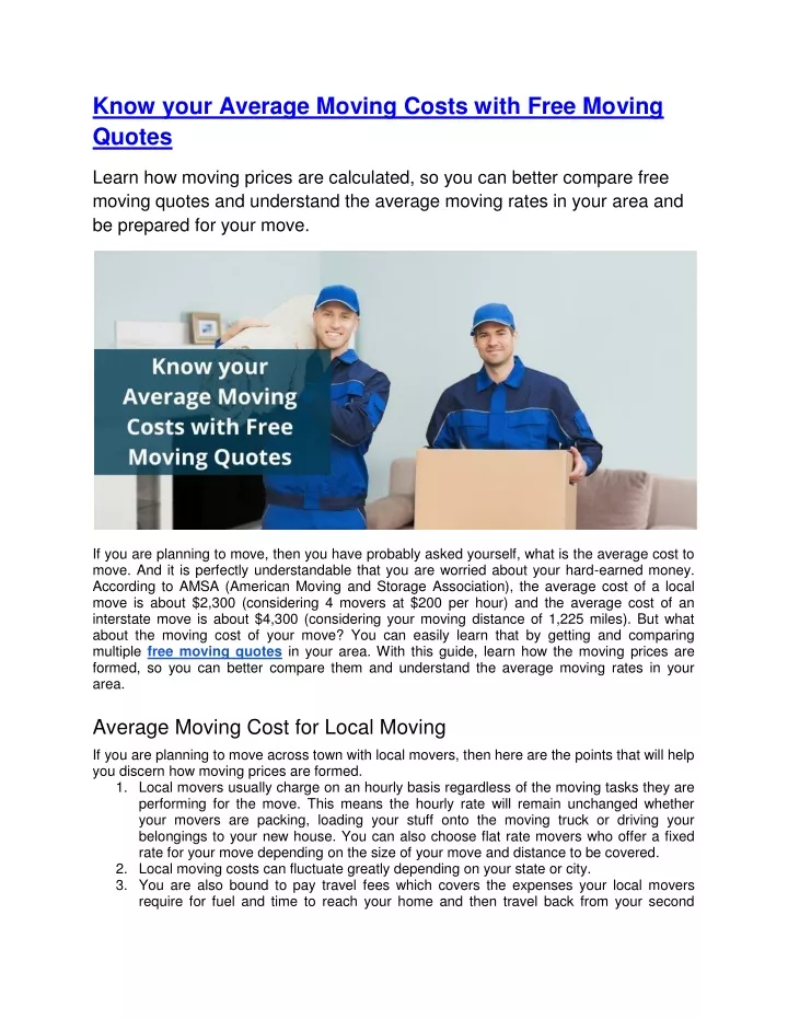 know your average moving costs with free moving