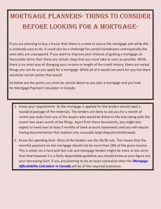Mortgage planners- Things to consider before looking for a mortgage-