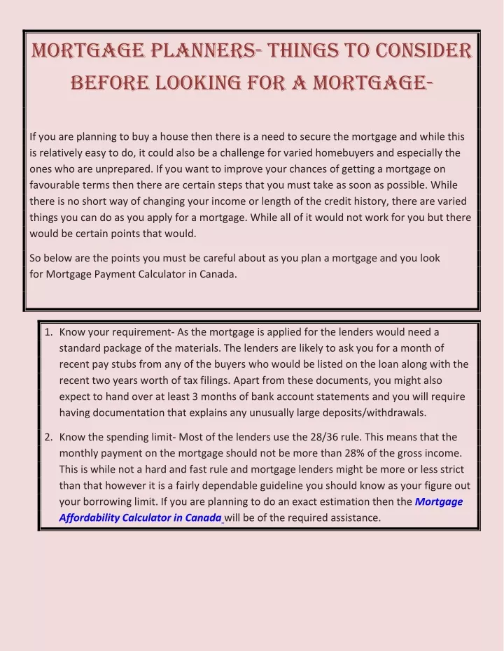mortgage planners things to consider before