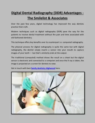 Digital Dental Radiography (DDR) Advantages
