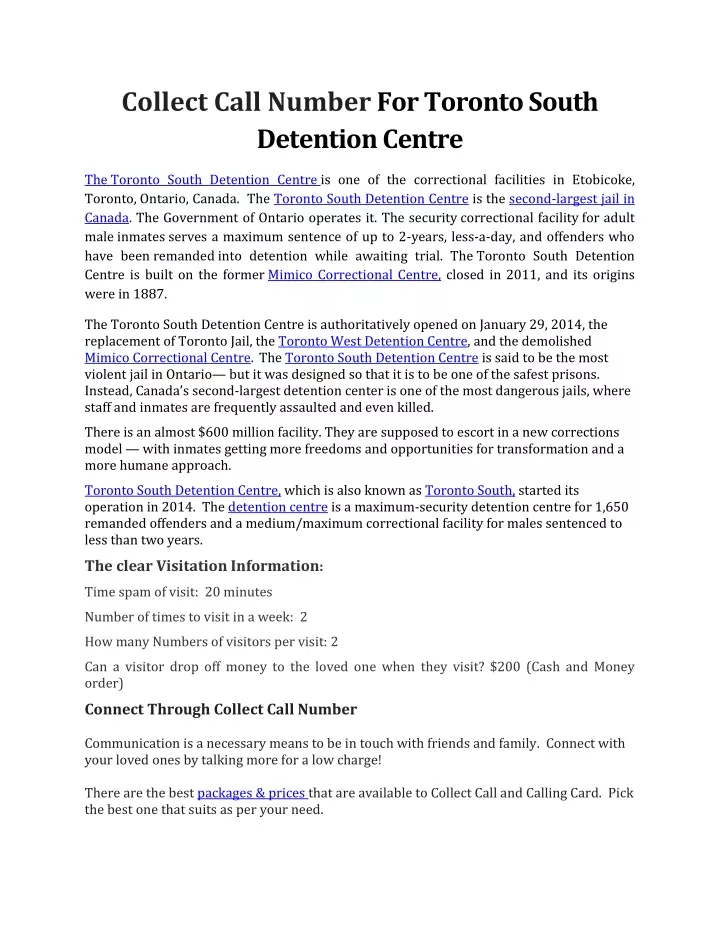 collect call number for toronto south detention