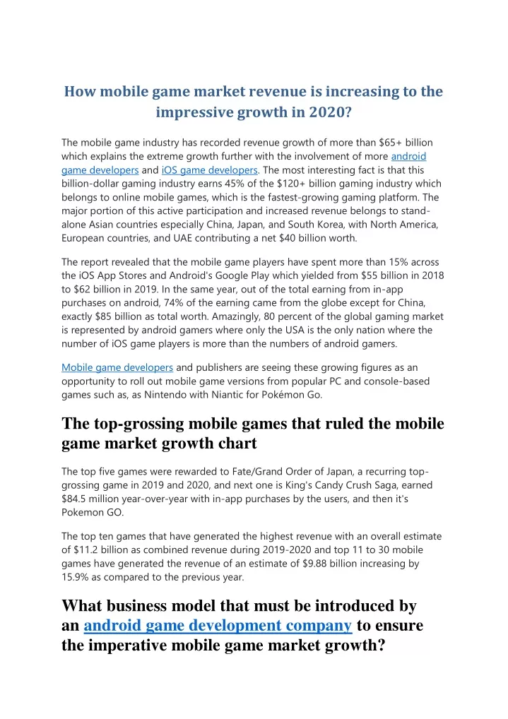 how mobile game market revenue is increasing