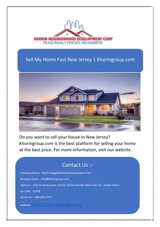 Sell My Home Fast New Jersey | Khoringroup.com