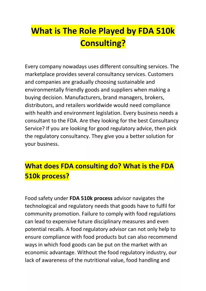 what is the role played by fda 510k consulting