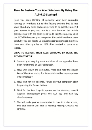 How To Restore Your Acer Windows By Using The ALT F10 Startup?