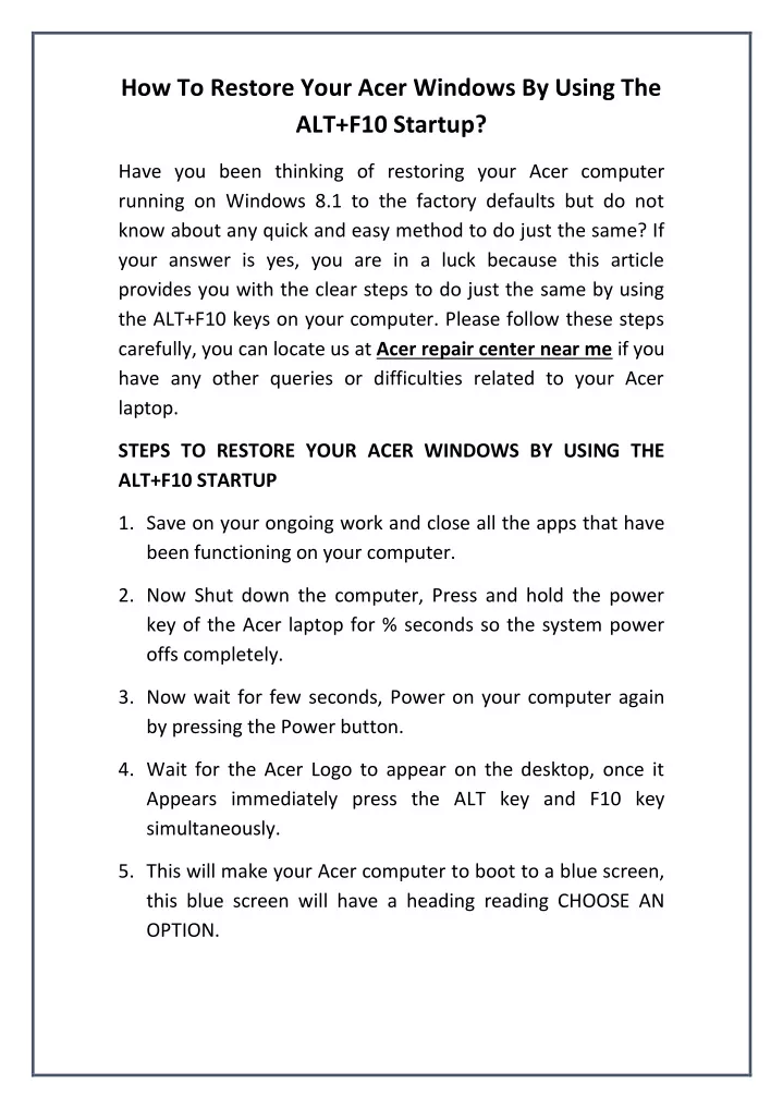 how to restore your acer windows by using