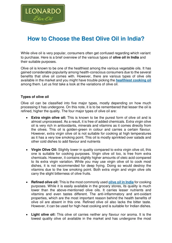how to choose the best olive oil in india