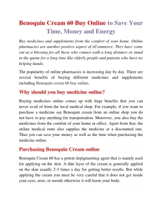 Benoquin Cream 60 Buy Online to Save Your Time, Money and Energy