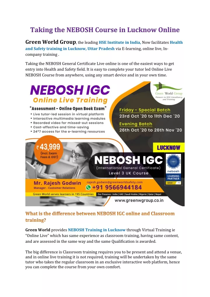 taking the nebosh course in lucknow online