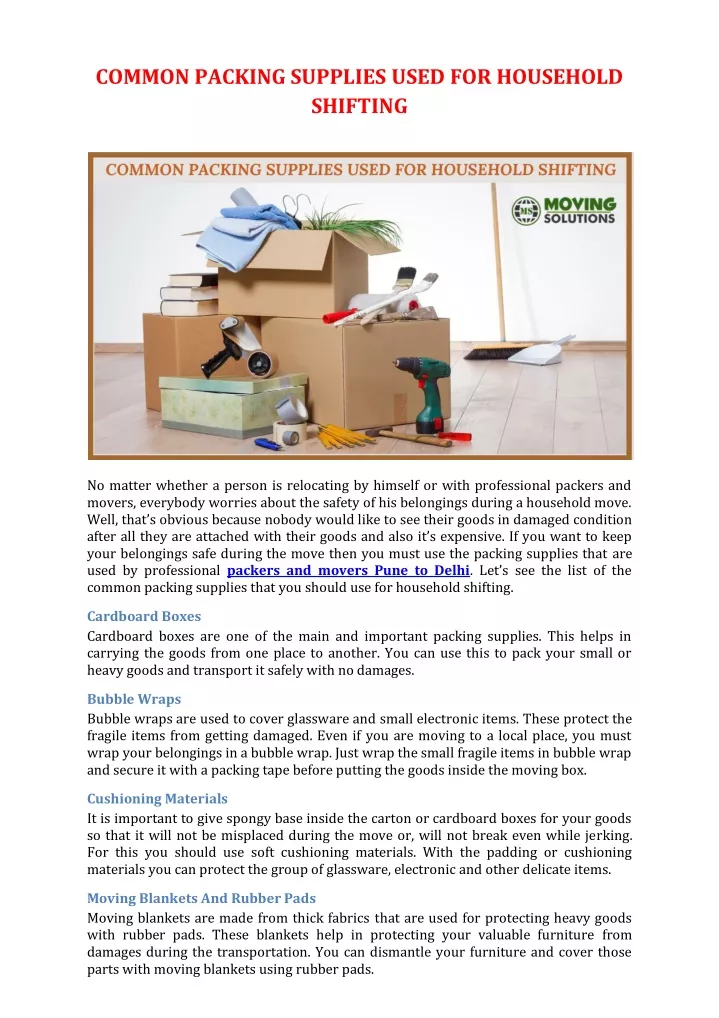 common packing supplies used for household