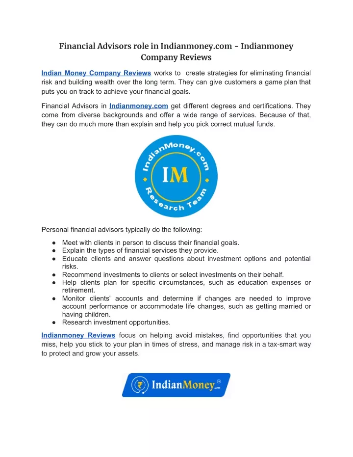 financial advisors role in indianmoney