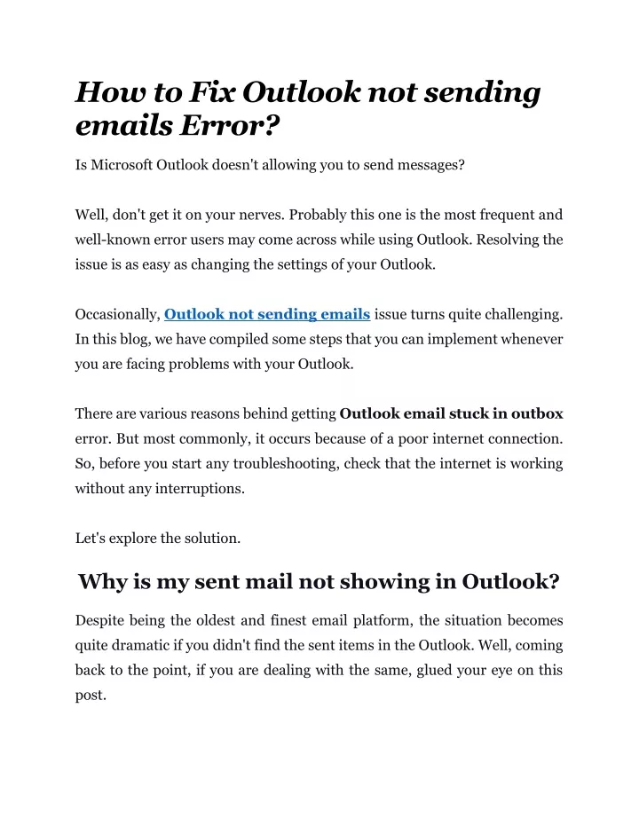 how to fix outlook not sending emails error