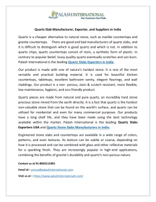 Quartz Slab Manufacturer, Exporter, and Suppliers in India