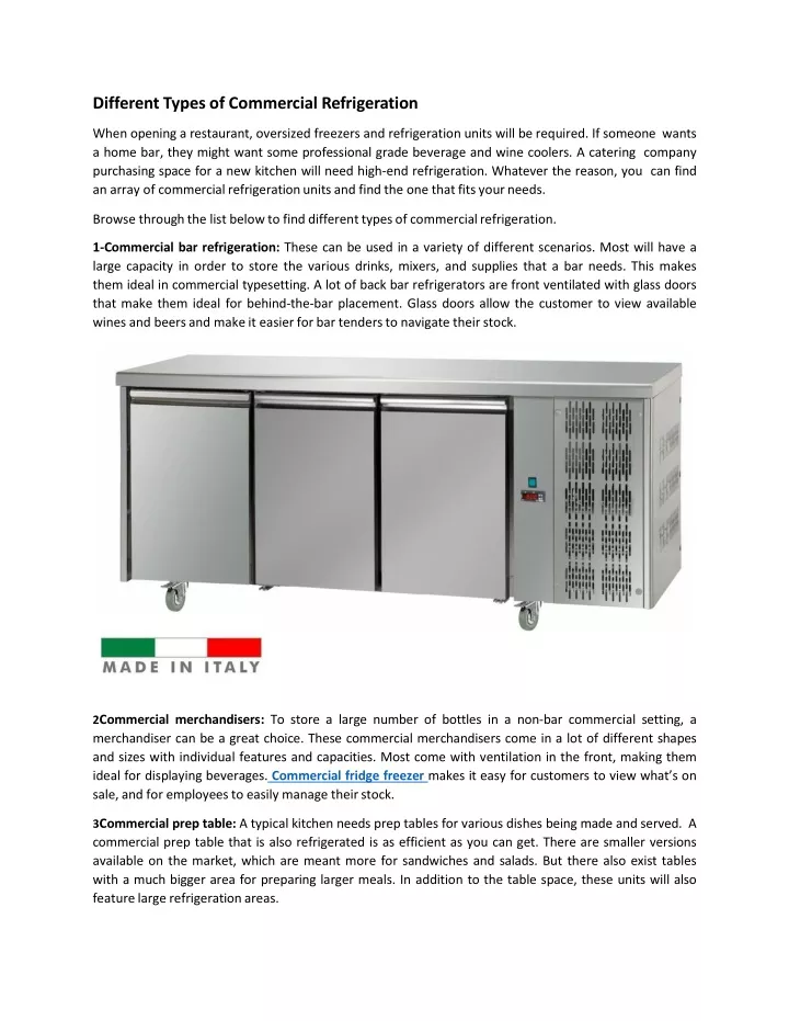different types of commercial refrigeration when