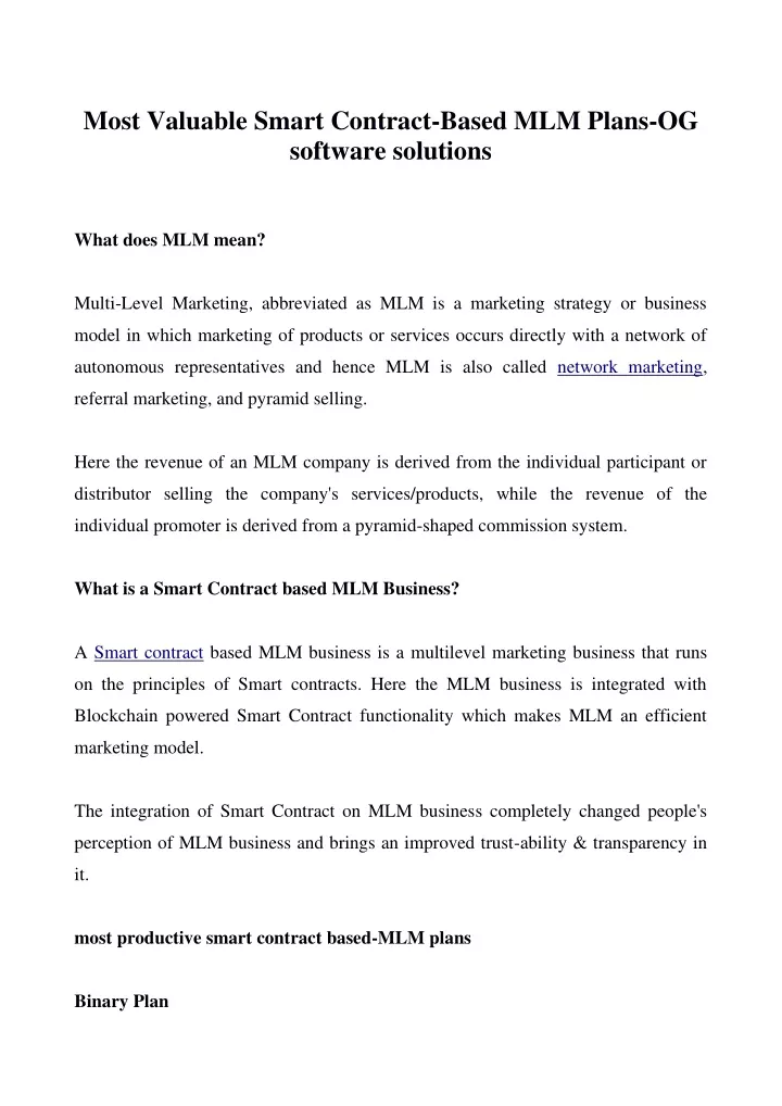 most valuable smart contract based mlm plans