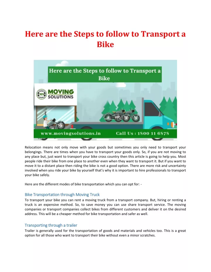 here are the steps to follow to transport a bike