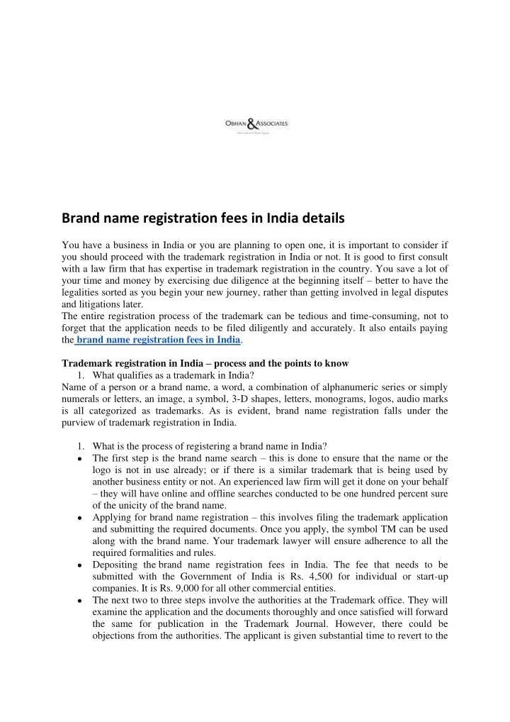 brand name registration fees in india details