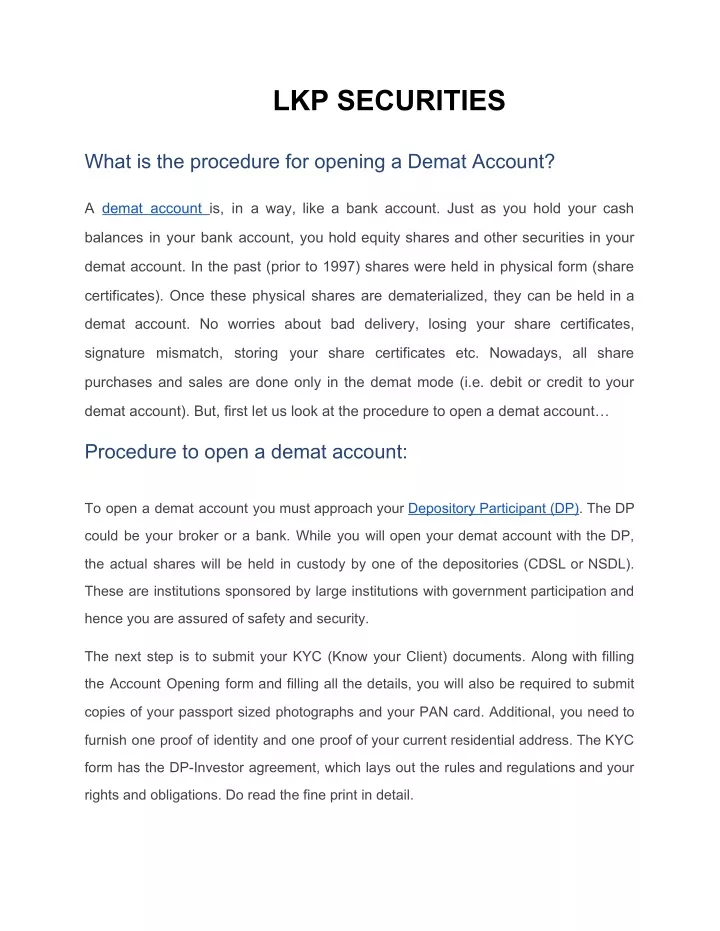 lkp securities what is the procedure for opening