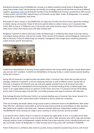 Useful Details Regarding Avalon Assisted Living At Hillsborough, located in Hillsborough, New Jersey.