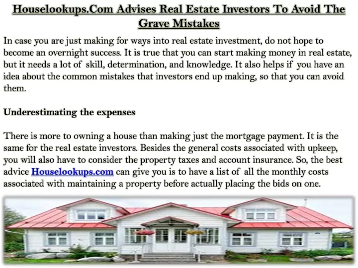 houselookups com advises real estate investors